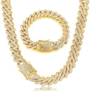 HAIAISO Cuban Link Chain Iced Out for Men 14MM Miami Cuban Link Choker Necklace Bracelet 18K Gold Plated Bling Diamond Chain Bracelet Hip Hop Jewelry for Men Women