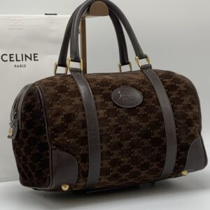 CELINE Handbag Mini Boston Bag Suede Leather Dark Brown Triomphe Macadam Auth