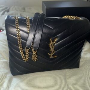REAL YSL Saint Laurent Medium Loulou Matelassé Leather Shoulder Bag Black/Gold