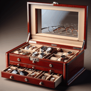 Autoark Wooden 6 Watch and 3 Eyeglasses&Sunglasses Box with Jewelry Display Drawer Metal Buckle Case Organizer,Mens Women Storage Holder Boxes,Large Glass Top,Cherry,AW-033