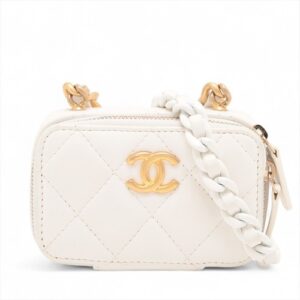 Chanel Matelasse Lambskin Chain Shoulder Bag Coin purse White Gold Metal Fitting