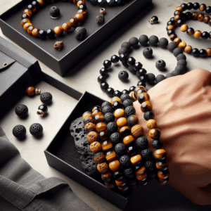 MOROTOLE Mens Beaded Bracelet Tiger Eye 8MM Natural Stone Beads Bracelet Set Adjustable Stretch Lava Rock Bracelets for Men Black Crystal Beaded Bracelets for Men Father Boyfriend Brother Gifts