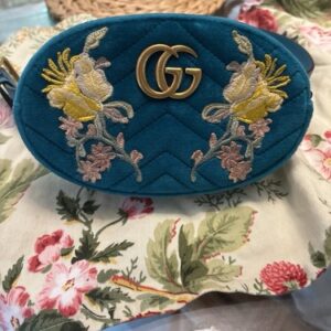 Gucci GG Marmont Authentic Monogram Floral Embroidered Teal Chevron Belt Bag