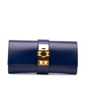 Authenticated Hermès Tadelakt Medor Clutch 23 Blue Dark Calf Leather Bag