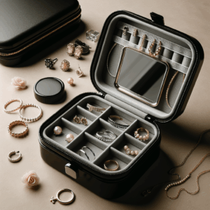 Vlando Travel Jewelry Case With Mirror,Small Portable Jewelry Box,Jewelry Organizer for Rings Earrings Necklaces Display Storage,Gifts for Girls Women,Travel Essentials,Mother’s Day Gift,Black