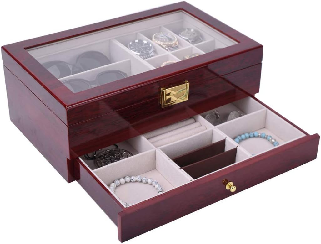 Autoark Wooden 6 Watch and 3 Eyeglasses&Sunglasses Box with Jewelry Display Drawer Metal Buckle Case Organizer,Mens Women Storage Holder Boxes,Large Glass Top,Cherry,AW-033 - Image 6