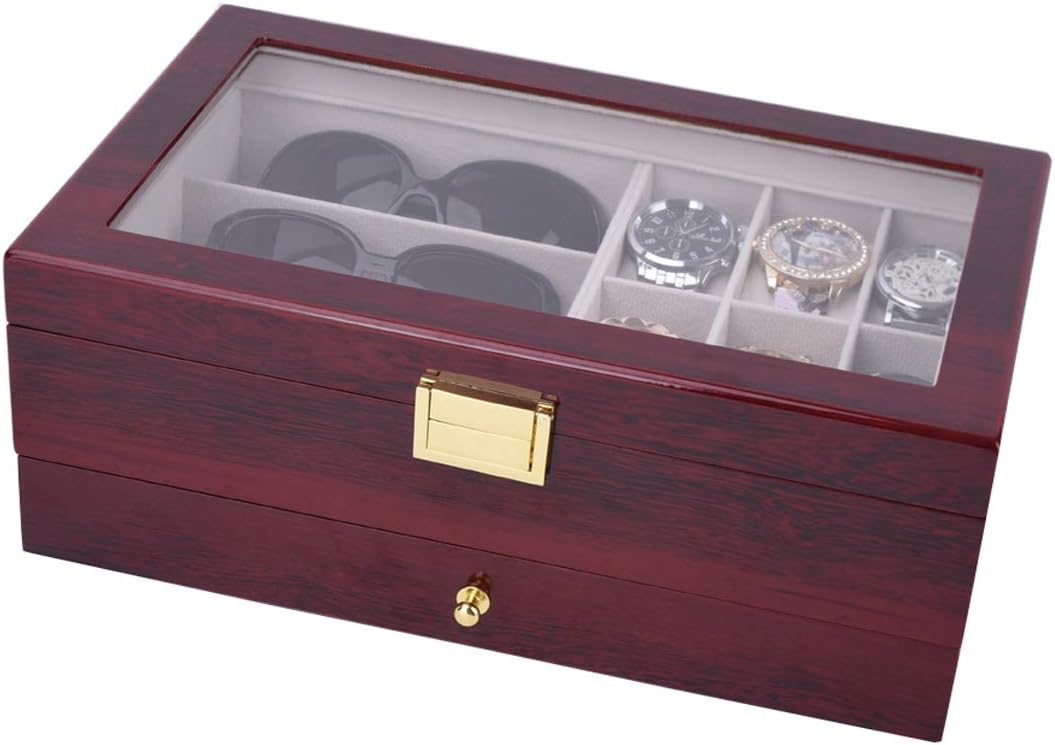 Autoark Wooden 6 Watch and 3 Eyeglasses&Sunglasses Box with Jewelry Display Drawer Metal Buckle Case Organizer,Mens Women Storage Holder Boxes,Large Glass Top,Cherry,AW-033 - Image 4