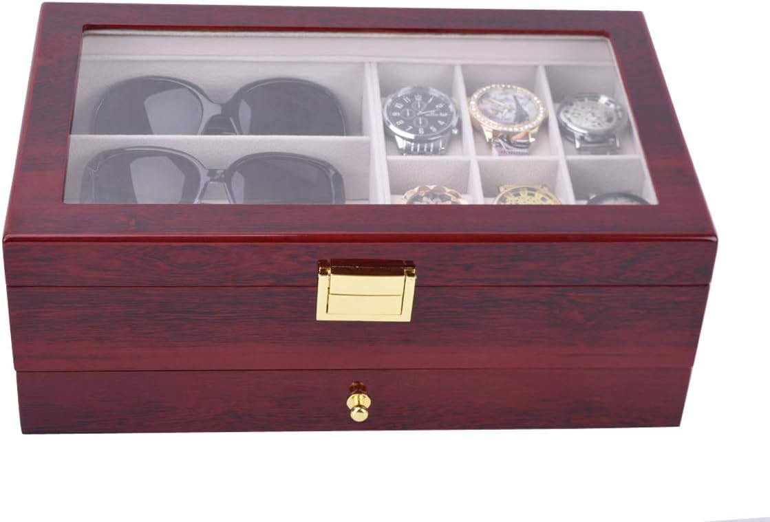 Autoark Wooden 6 Watch and 3 Eyeglasses&Sunglasses Box with Jewelry Display Drawer Metal Buckle Case Organizer,Mens Women Storage Holder Boxes,Large Glass Top,Cherry,AW-033 - Image 7
