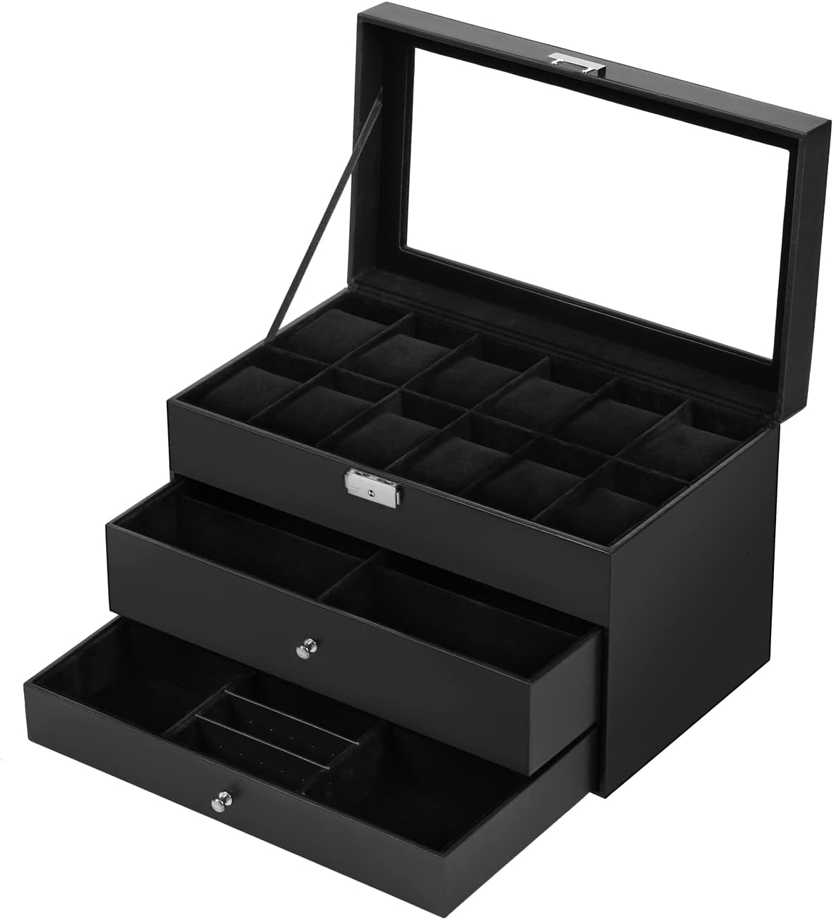 BASTUO Watch Box for Men, 12-Slot Black Luxury PU Leather Men Watch Box with 2 Drawers - Image 6