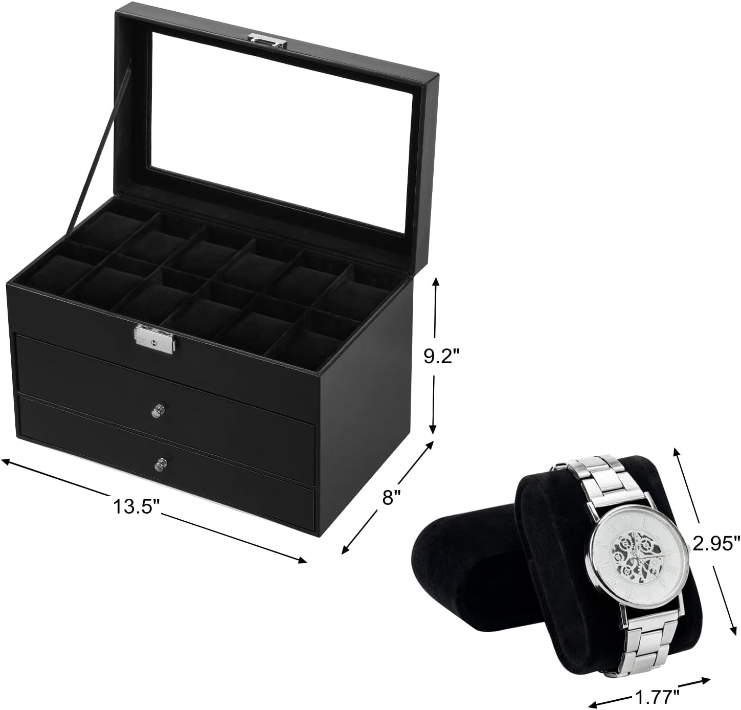 BASTUO Watch Box for Men, 12-Slot Black Luxury PU Leather Men Watch Box with 2 Drawers - Image 2