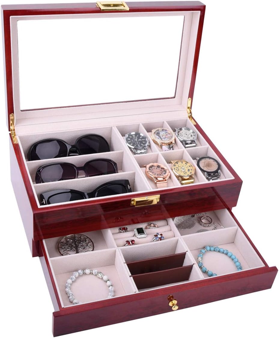 Autoark Wooden 6 Watch and 3 Eyeglasses&Sunglasses Box with Jewelry Display Drawer Metal Buckle Case Organizer,Mens Women Storage Holder Boxes,Large Glass Top,Cherry,AW-033 - Image 2