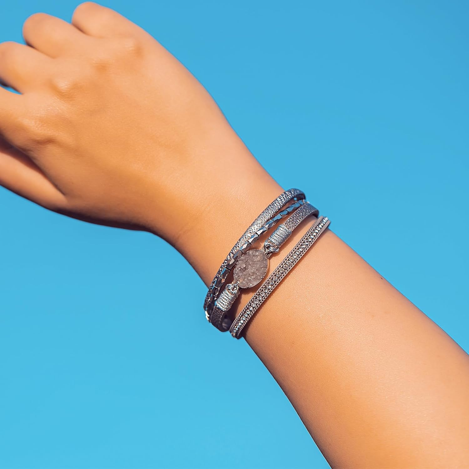 Leather Wrap Bracelet Boho Cuff Bracelets Crystal Bead Bracelet with Clasp Jewelry Gifts for Women - Image 3