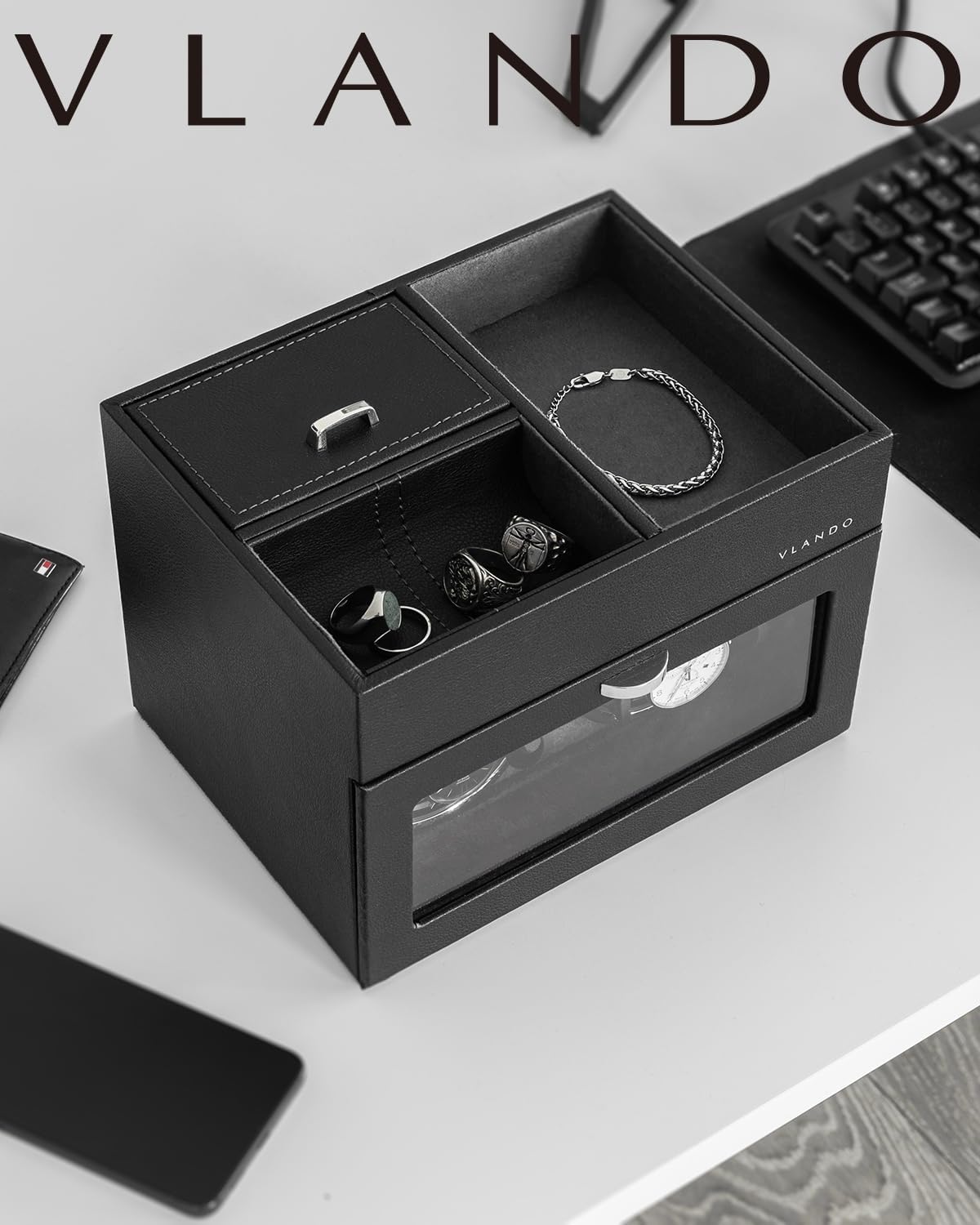 Vlando Automatic Double Watch Winder - Watch Winder Box with Men Jewelry Organizer Tray, Japanese Quiet Motor, LED Light, Adjustable Watch Pillows, AC Adapter - Black - Image 2