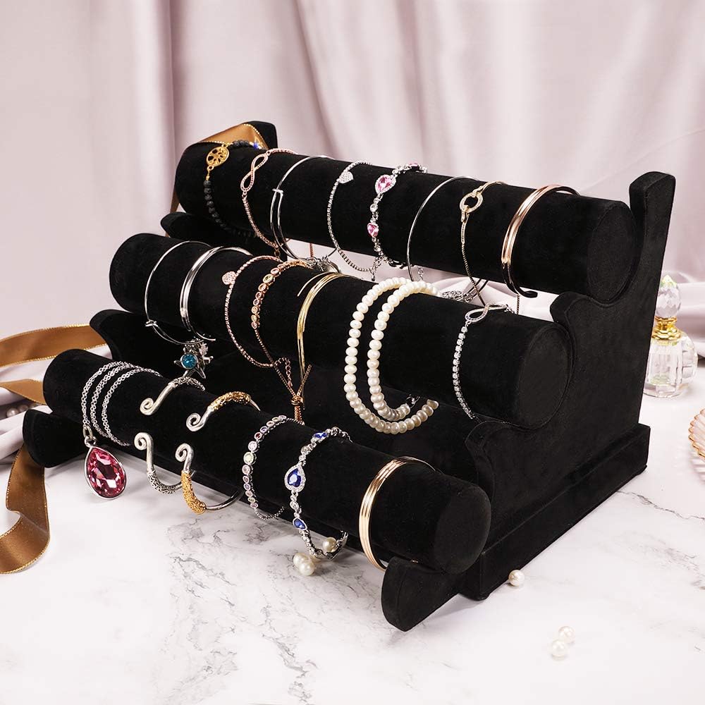 Bracelet Display Stand, LuiceABC 3 Tiers Black Velvet Soft T Bar Bracelet Holder Jewelry Watch Tower Organizer - Image 4