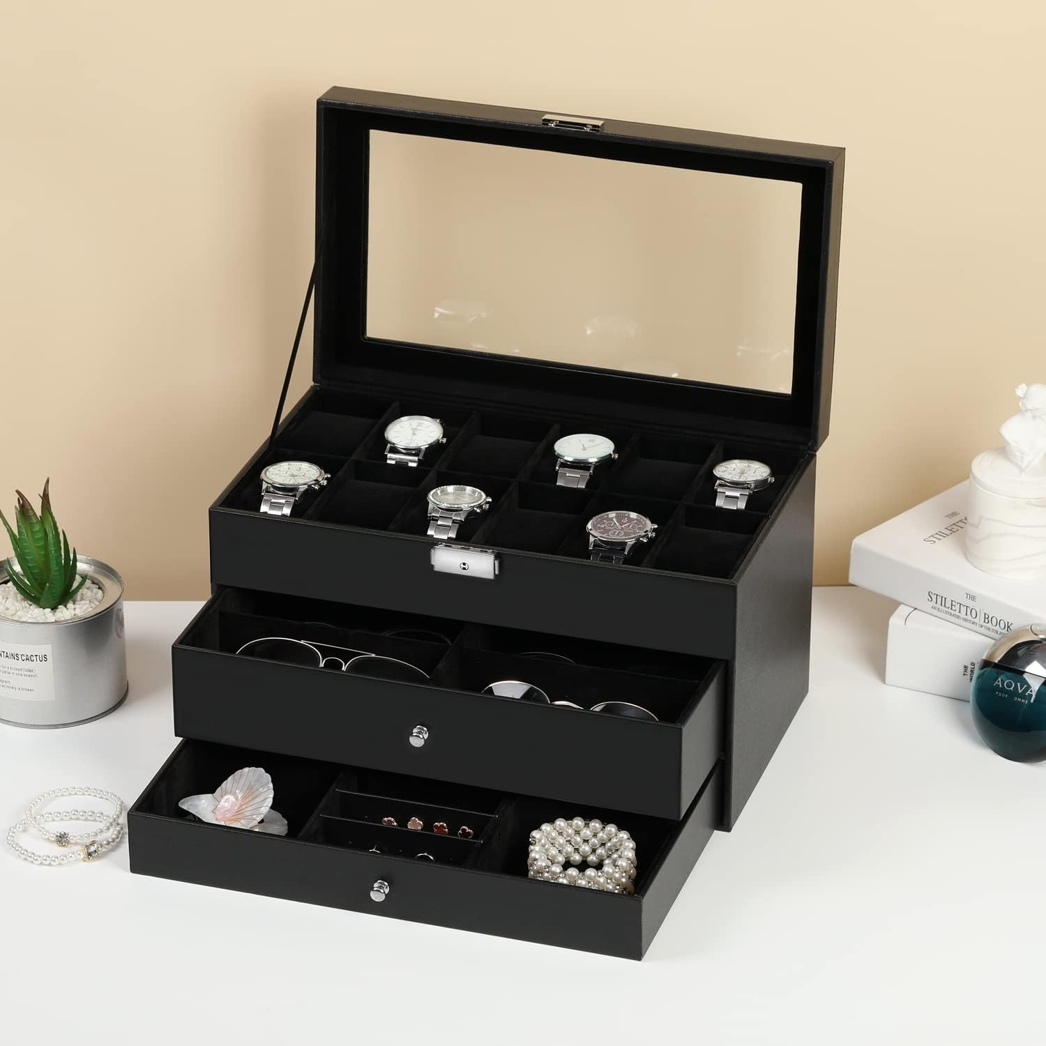 BASTUO Watch Box for Men, 12-Slot Black Luxury PU Leather Men Watch Box with 2 Drawers - Image 4