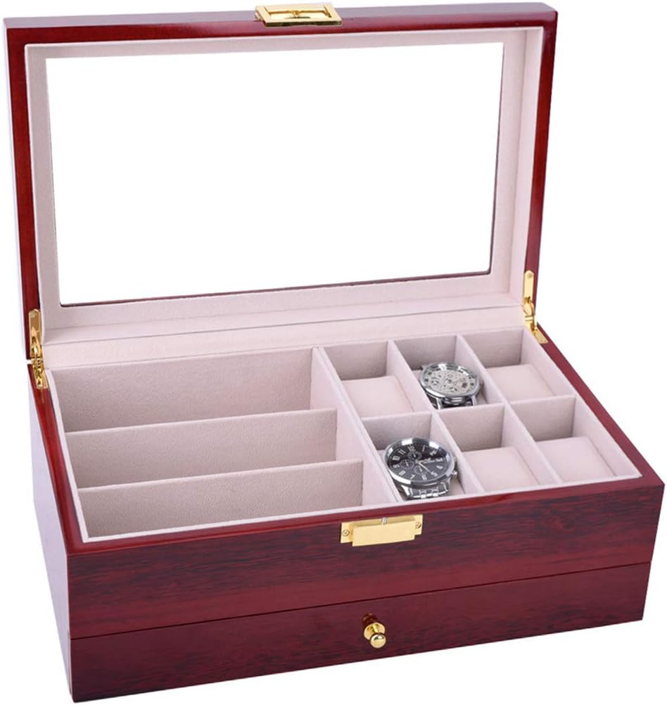 Autoark Wooden 6 Watch and 3 Eyeglasses&Sunglasses Box with Jewelry Display Drawer Metal Buckle Case Organizer,Mens Women Storage Holder Boxes,Large Glass Top,Cherry,AW-033 - Image 5