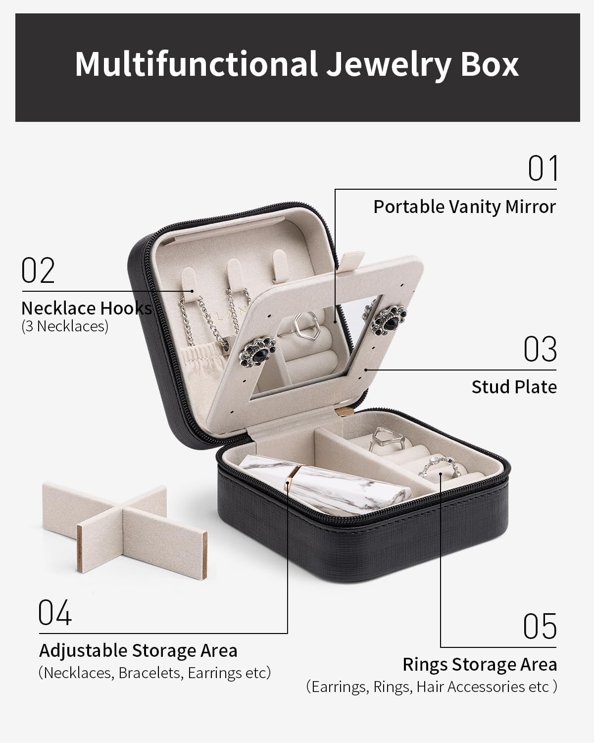 Vlando Travel Jewelry Case With Mirror,Small Portable Jewelry Box,Jewelry Organizer for Rings Earrings Necklaces Display Storage,Gifts for Girls Women,Travel Essentials,Mother's Day Gift,Black - Image 4