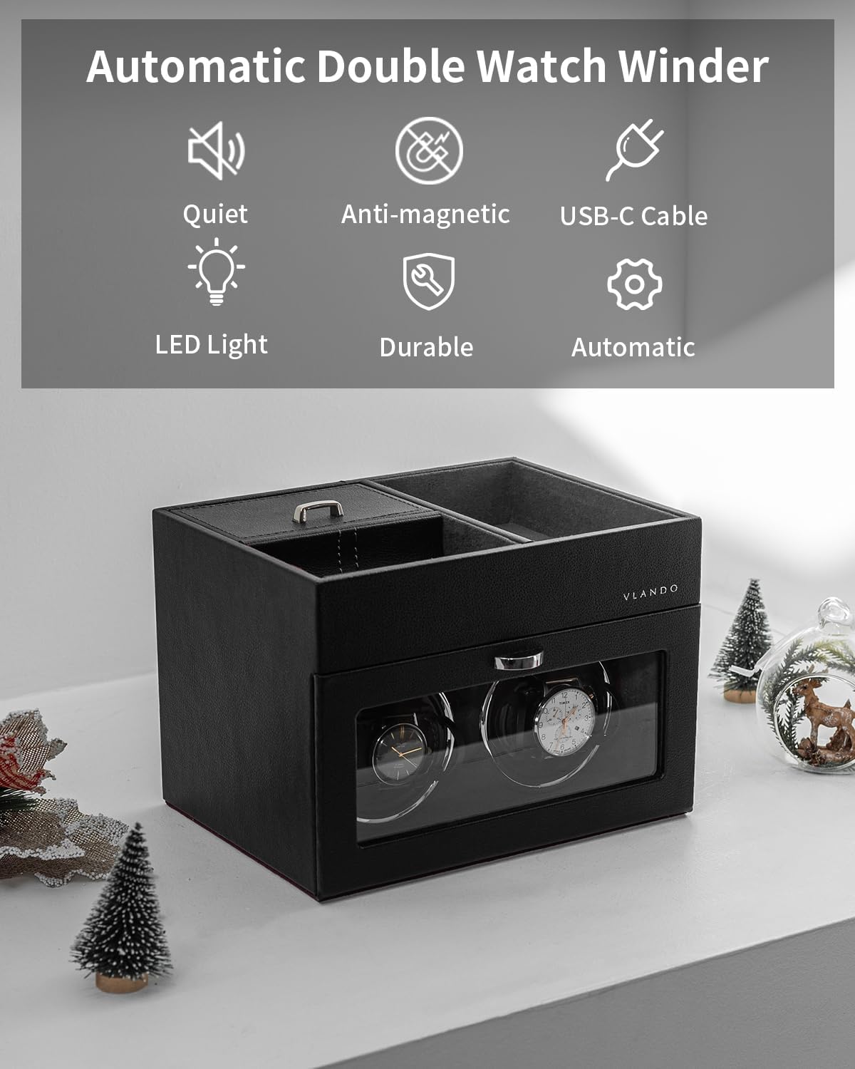 Vlando Automatic Double Watch Winder - Watch Winder Box with Men Jewelry Organizer Tray, Japanese Quiet Motor, LED Light, Adjustable Watch Pillows, AC Adapter - Black - Image 4