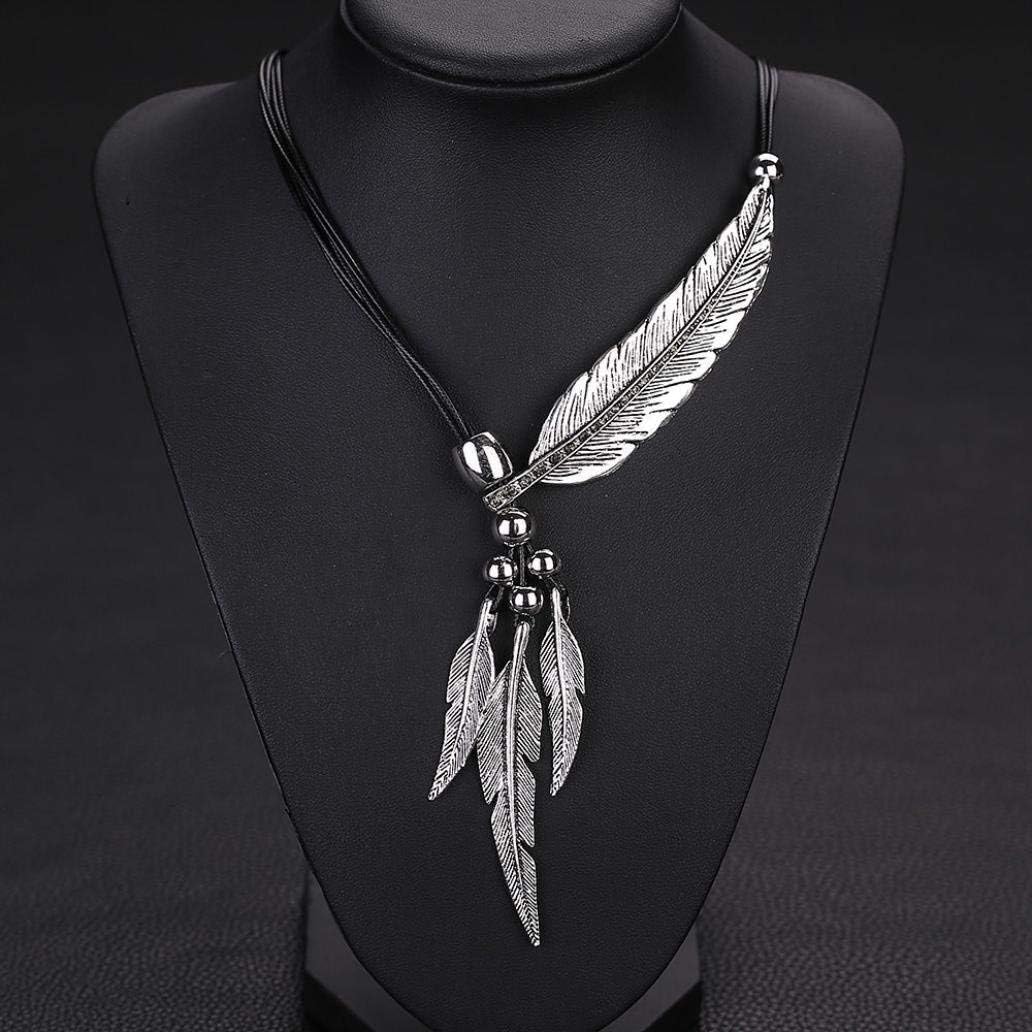 Wcysin Women Girls Antique Vintage Time Necklace Sweater Chain Pendant Feather Pendant Necklace Silver - Image 2