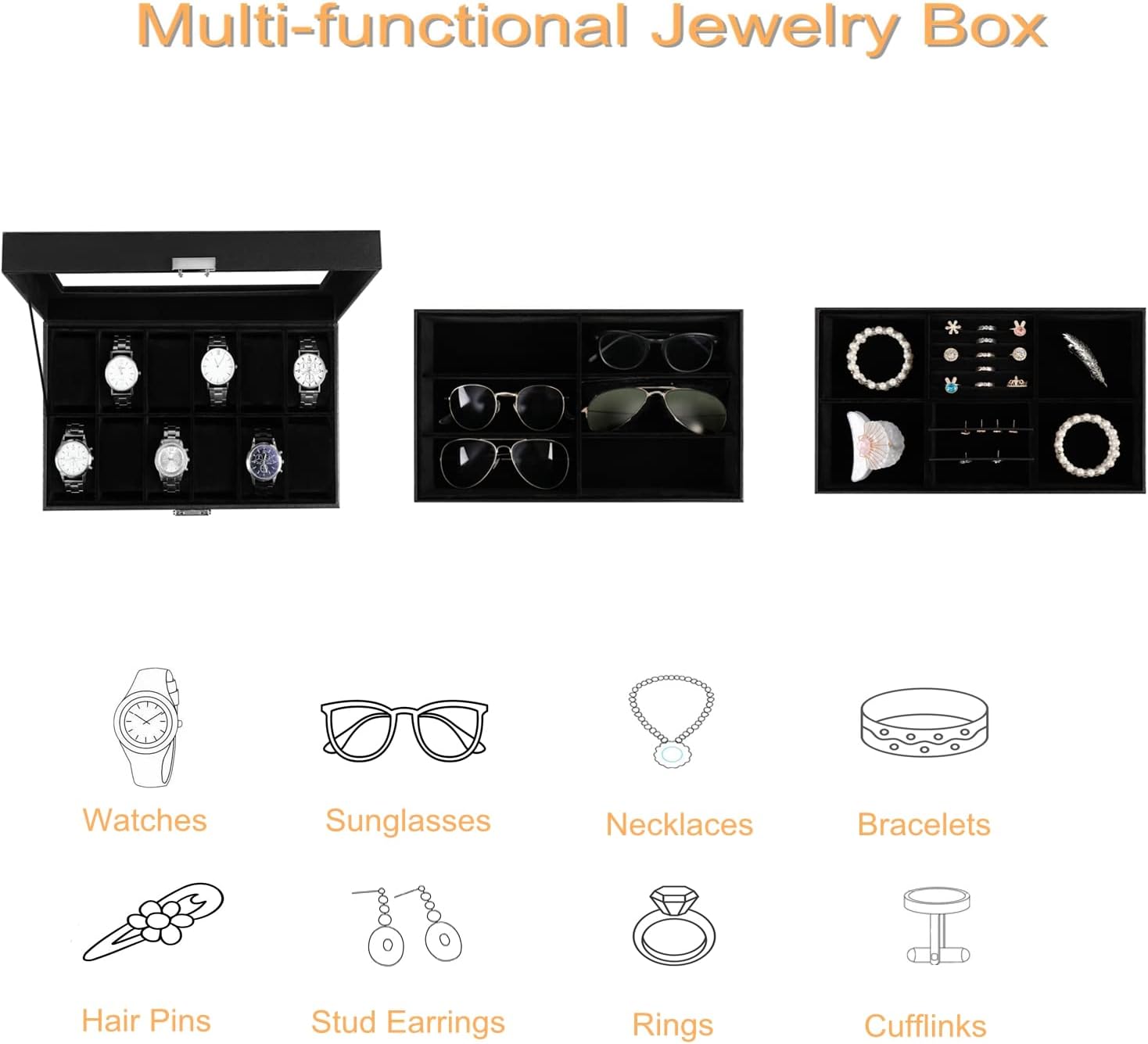 BASTUO Watch Box for Men, 12-Slot Black Luxury PU Leather Men Watch Box with 2 Drawers - Image 3