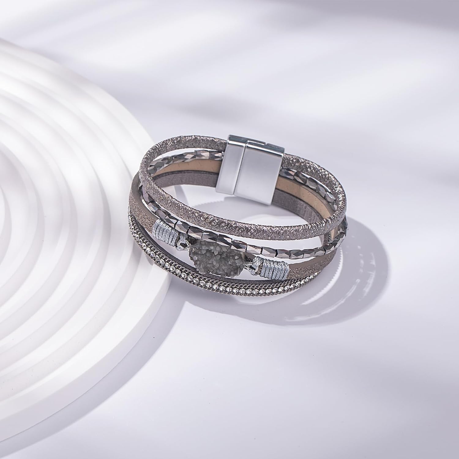 Leather Wrap Bracelet Boho Cuff Bracelets Crystal Bead Bracelet with Clasp Jewelry Gifts for Women - Image 5