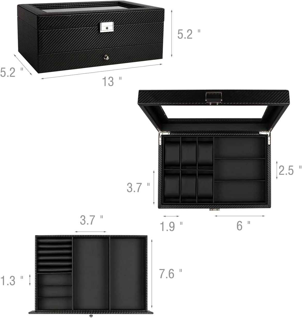 GUKA Watch box, 6 Slot Watch Case, 3 Slot Sunglass Organizer, Watch Cases for men with Real Glass Lid, Watch Organizer storage with Jewelry Case, Birthday for Men and Women, Black - Image 6