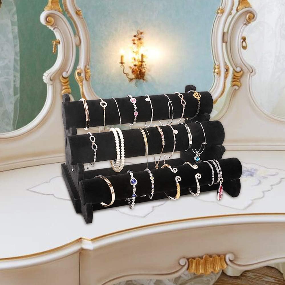 Bracelet Display Stand, LuiceABC 3 Tiers Black Velvet Soft T Bar Bracelet Holder Jewelry Watch Tower Organizer - Image 3