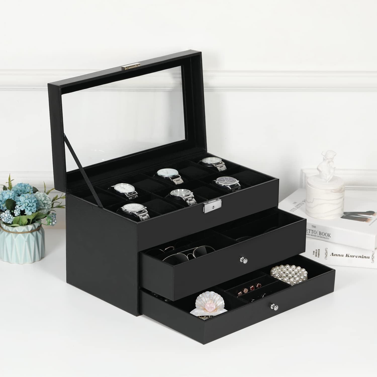 BASTUO Watch Box for Men, 12-Slot Black Luxury PU Leather Men Watch Box with 2 Drawers - Image 5