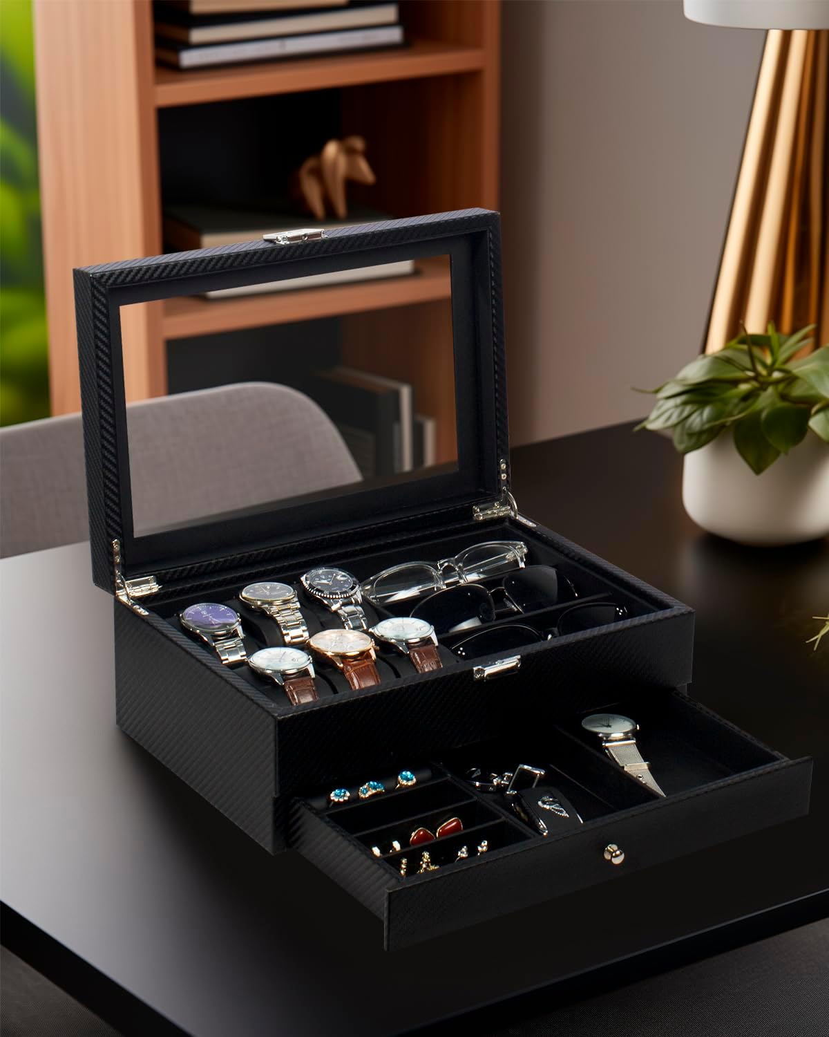 GUKA Watch box, 6 Slot Watch Case, 3 Slot Sunglass Organizer, Watch Cases for men with Real Glass Lid, Watch Organizer storage with Jewelry Case, Birthday for Men and Women, Black - Image 3