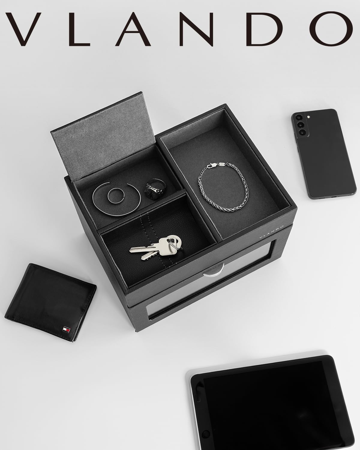 Vlando Automatic Double Watch Winder - Watch Winder Box with Men Jewelry Organizer Tray, Japanese Quiet Motor, LED Light, Adjustable Watch Pillows, AC Adapter - Black - Image 5