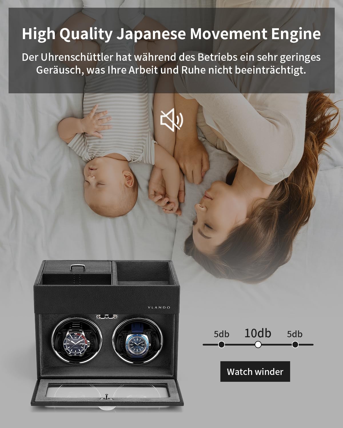 Vlando Automatic Double Watch Winder - Watch Winder Box with Men Jewelry Organizer Tray, Japanese Quiet Motor, LED Light, Adjustable Watch Pillows, AC Adapter - Black - Image 6