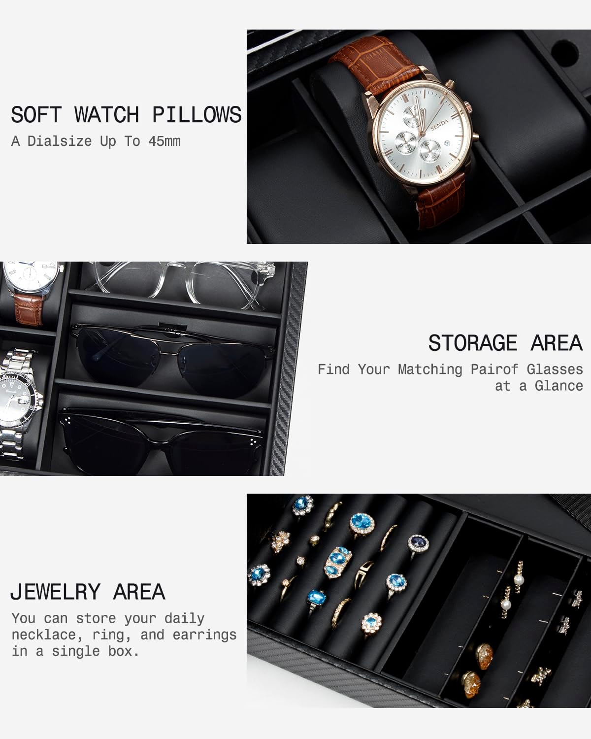 GUKA Watch box, 6 Slot Watch Case, 3 Slot Sunglass Organizer, Watch Cases for men with Real Glass Lid, Watch Organizer storage with Jewelry Case, Birthday for Men and Women, Black - Image 5