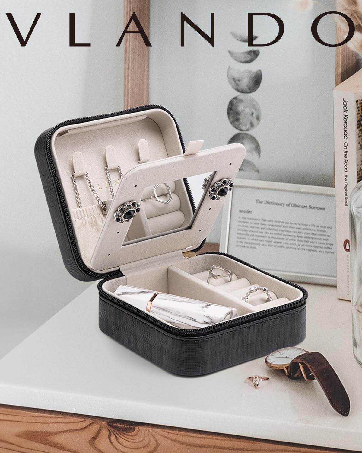 Vlando Travel Jewelry Case With Mirror,Small Portable Jewelry Box,Jewelry Organizer for Rings Earrings Necklaces Display Storage,Gifts for Girls Women,Travel Essentials,Mother's Day Gift,Black - Image 9