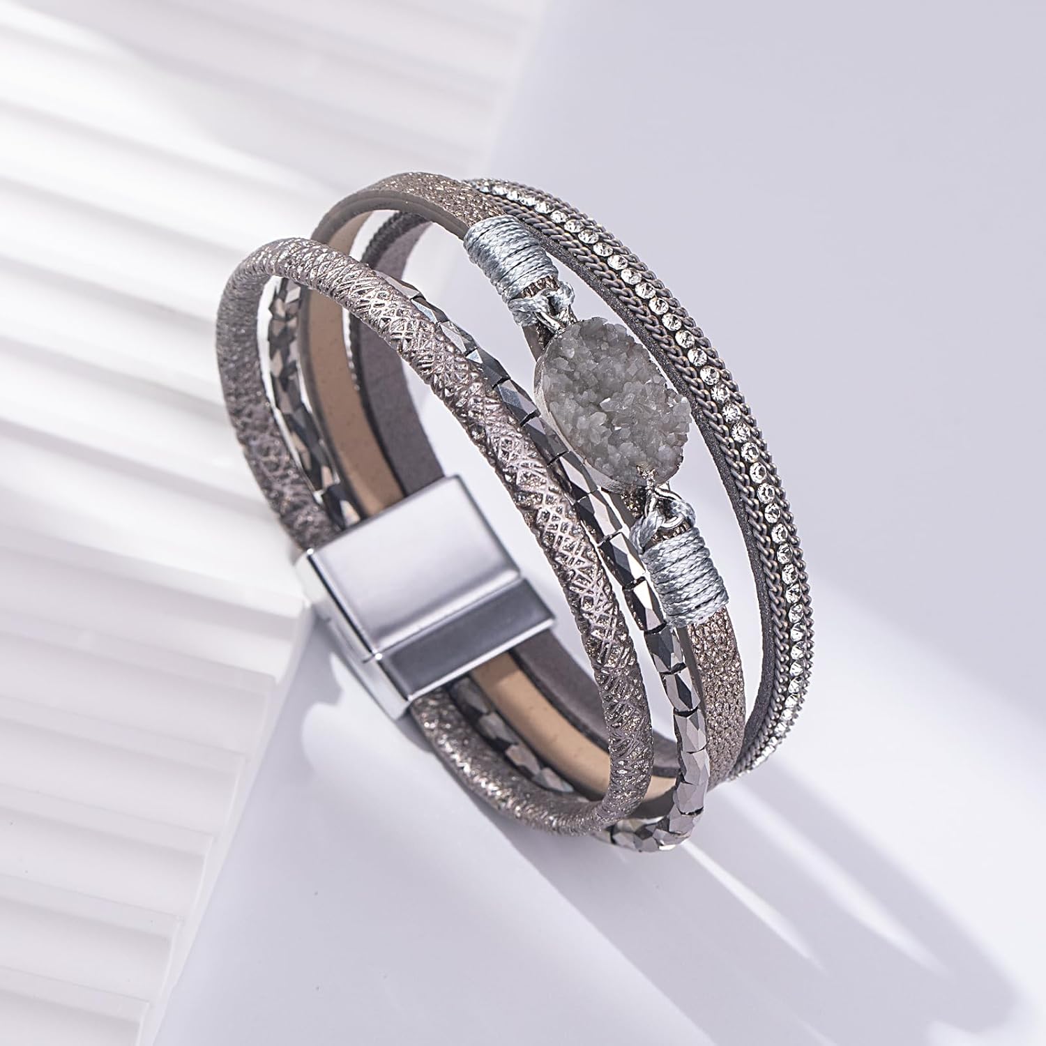 Leather Wrap Bracelet Boho Cuff Bracelets Crystal Bead Bracelet with Clasp Jewelry Gifts for Women - Image 6