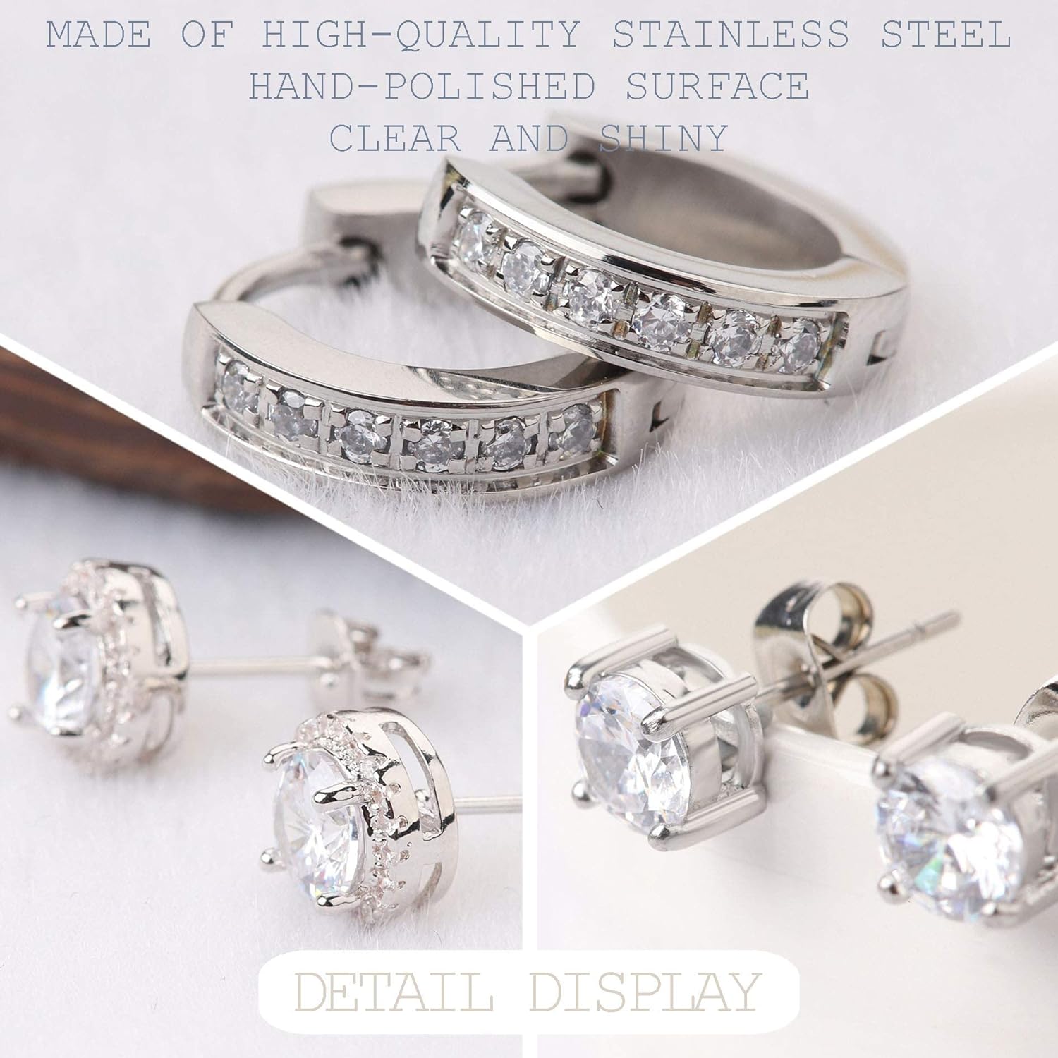 FUNRUN JEWELRY 6 Pairs Stainless Steel Cubic Zirconia Stud Earrings for Women Men CZ Halo Hoop Huggie Earrings Set - Image 6