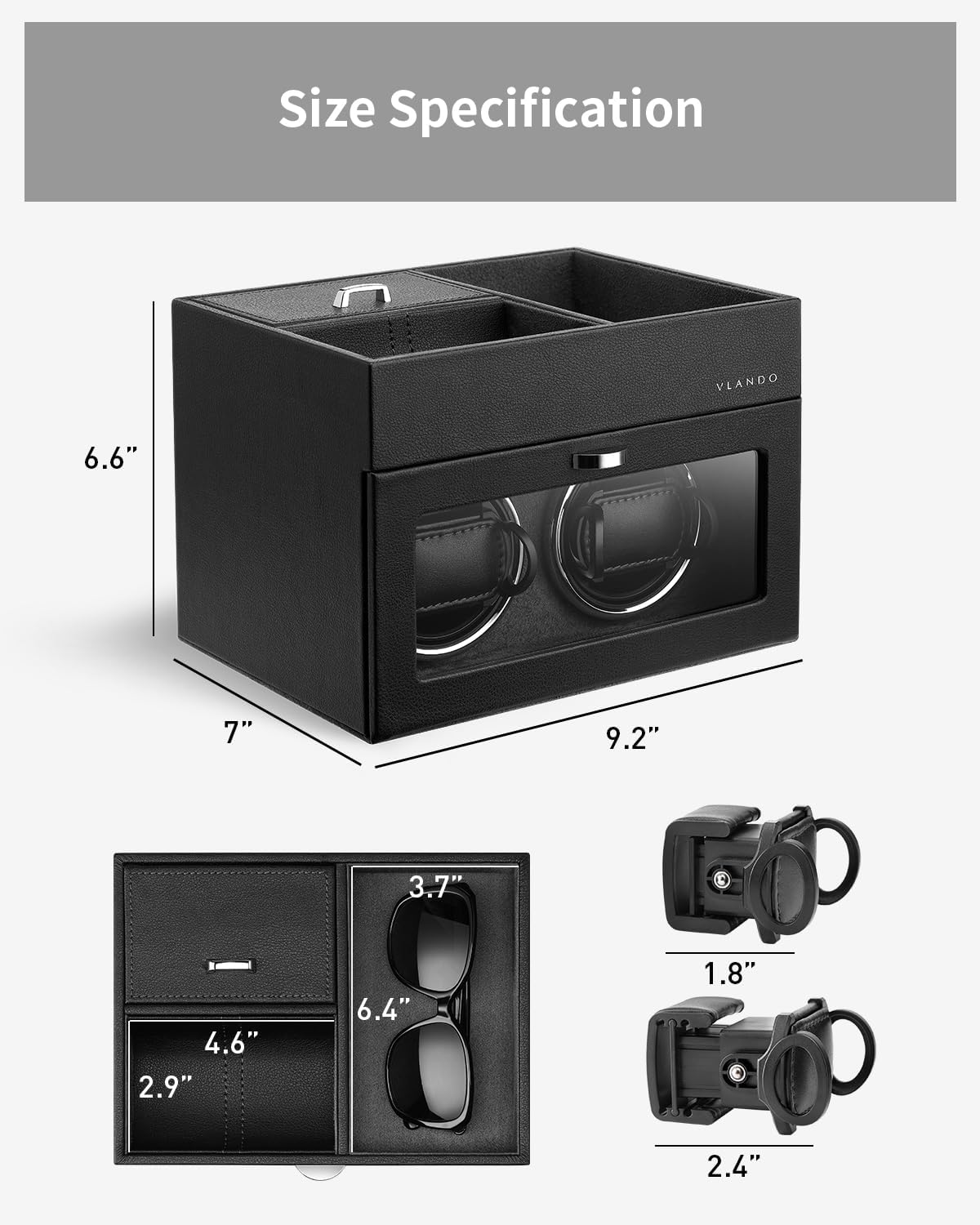 Vlando Automatic Double Watch Winder - Watch Winder Box with Men Jewelry Organizer Tray, Japanese Quiet Motor, LED Light, Adjustable Watch Pillows, AC Adapter - Black - Image 7