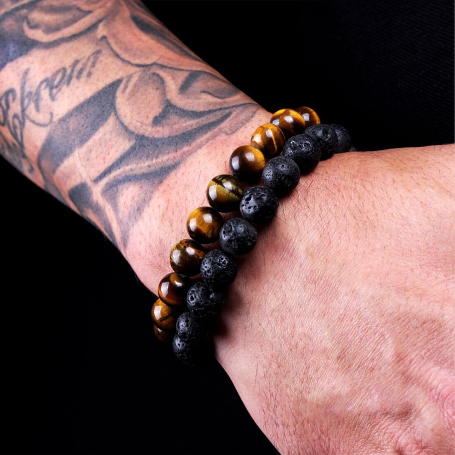 MOROTOLE Mens Beaded Bracelet Tiger Eye 8MM Natural Stone Beads Bracelet Set Adjustable Stretch Lava Rock Bracelets for Men Black Crystal Beaded Bracelets for Men Father Boyfriend Brother Gifts - Image 6