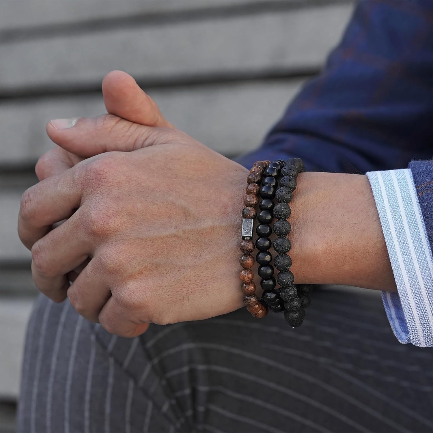 MOROTOLE Mens Beaded Bracelet Tiger Eye 8MM Natural Stone Beads Bracelet Set Adjustable Stretch Lava Rock Bracelets for Men Black Crystal Beaded Bracelets for Men Father Boyfriend Brother Gifts - Image 4