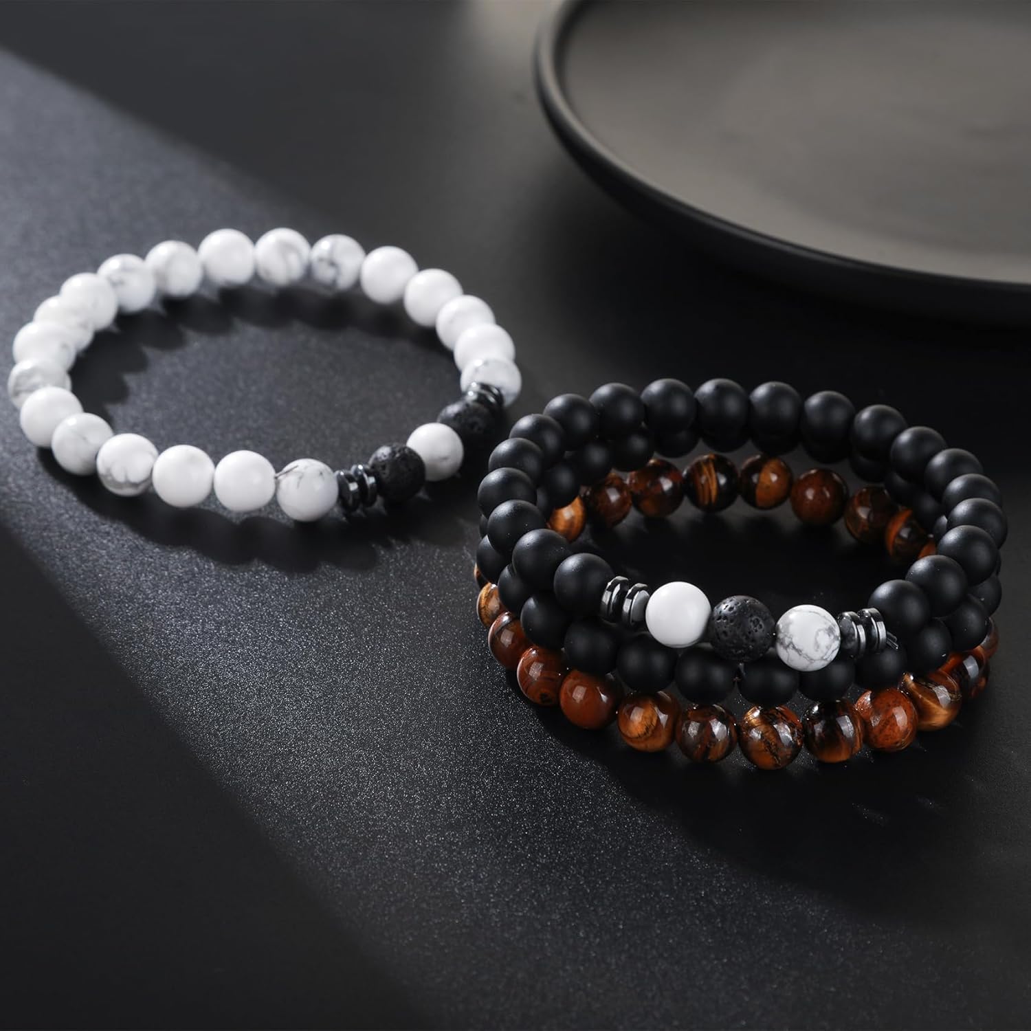 MOROTOLE Mens Beaded Bracelet Tiger Eye 8MM Natural Stone Beads Bracelet Set Adjustable Stretch Lava Rock Bracelets for Men Black Crystal Beaded Bracelets for Men Father Boyfriend Brother Gifts - Image 7