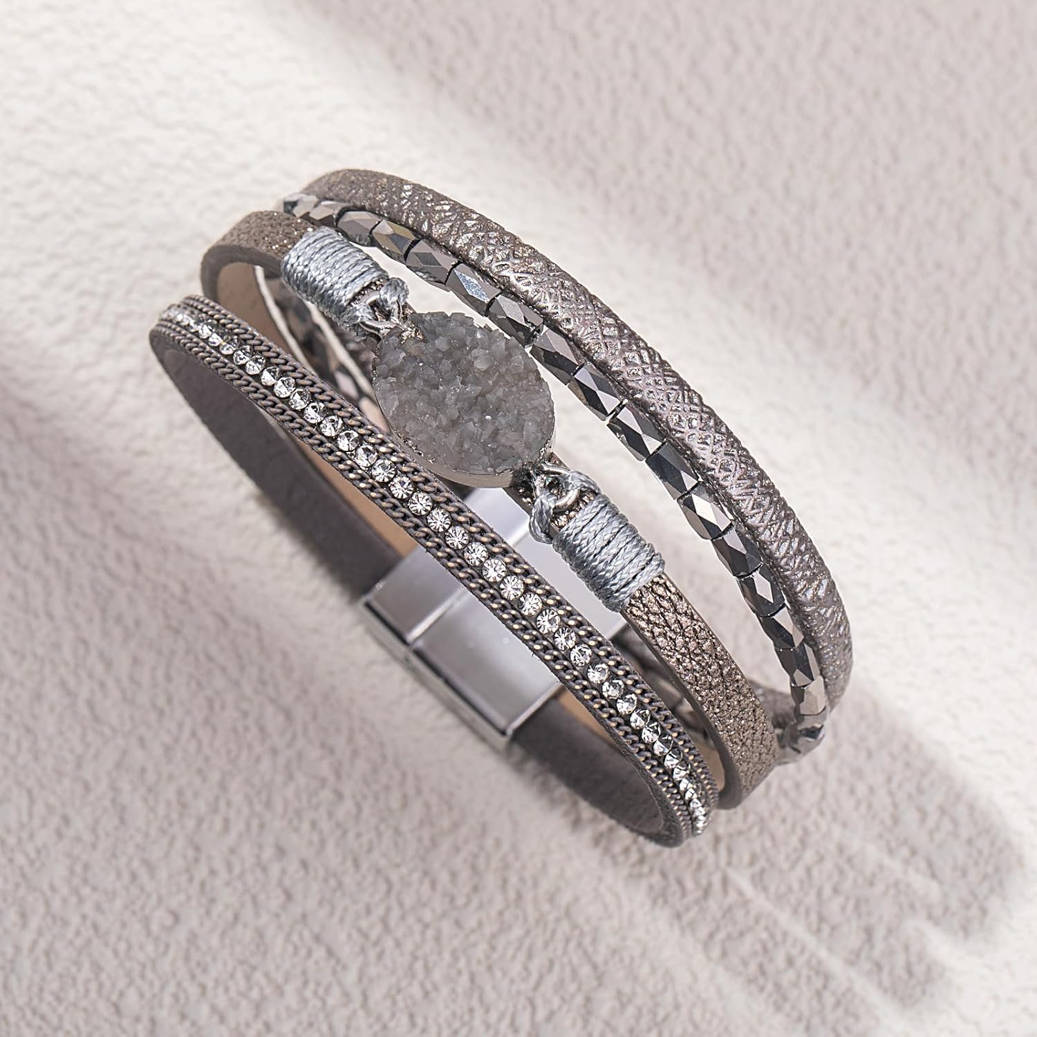 Leather Wrap Bracelet Boho Cuff Bracelets Crystal Bead Bracelet with Clasp Jewelry Gifts for Women - Image 4