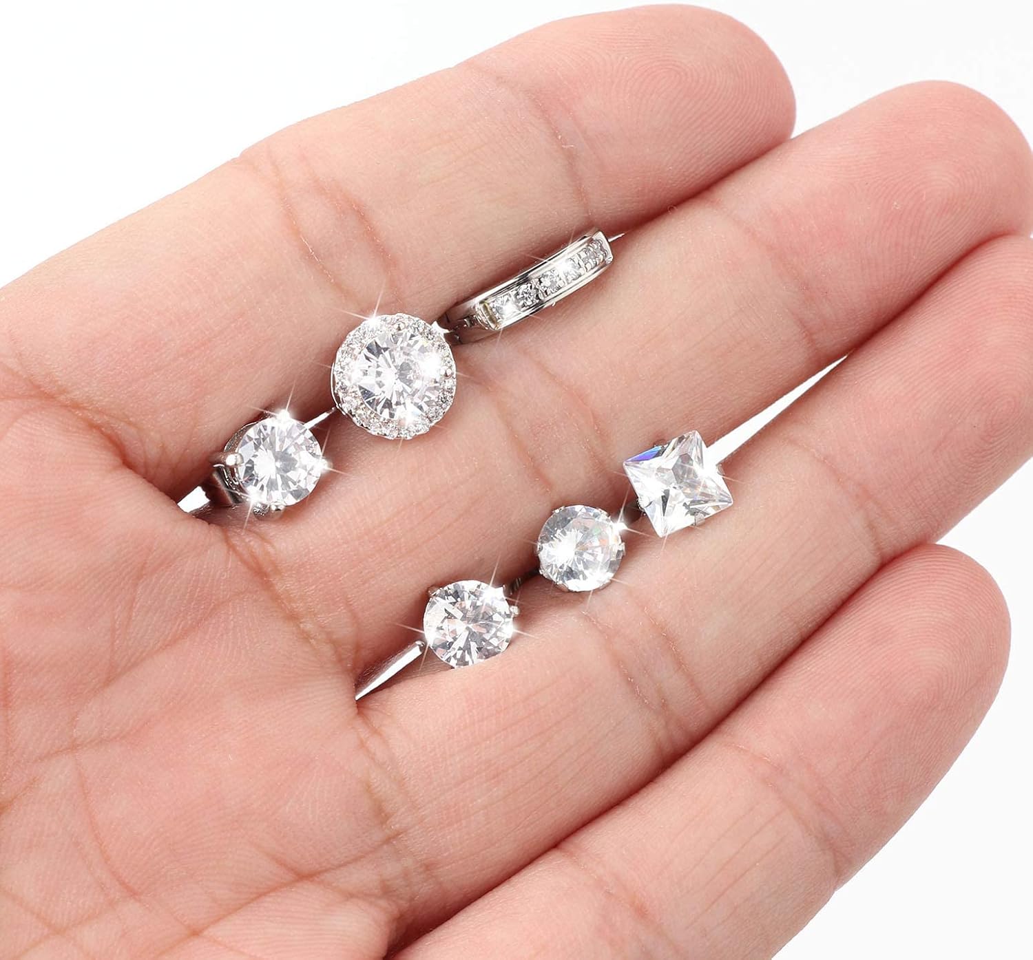 FUNRUN JEWELRY 6 Pairs Stainless Steel Cubic Zirconia Stud Earrings for Women Men CZ Halo Hoop Huggie Earrings Set - Image 7