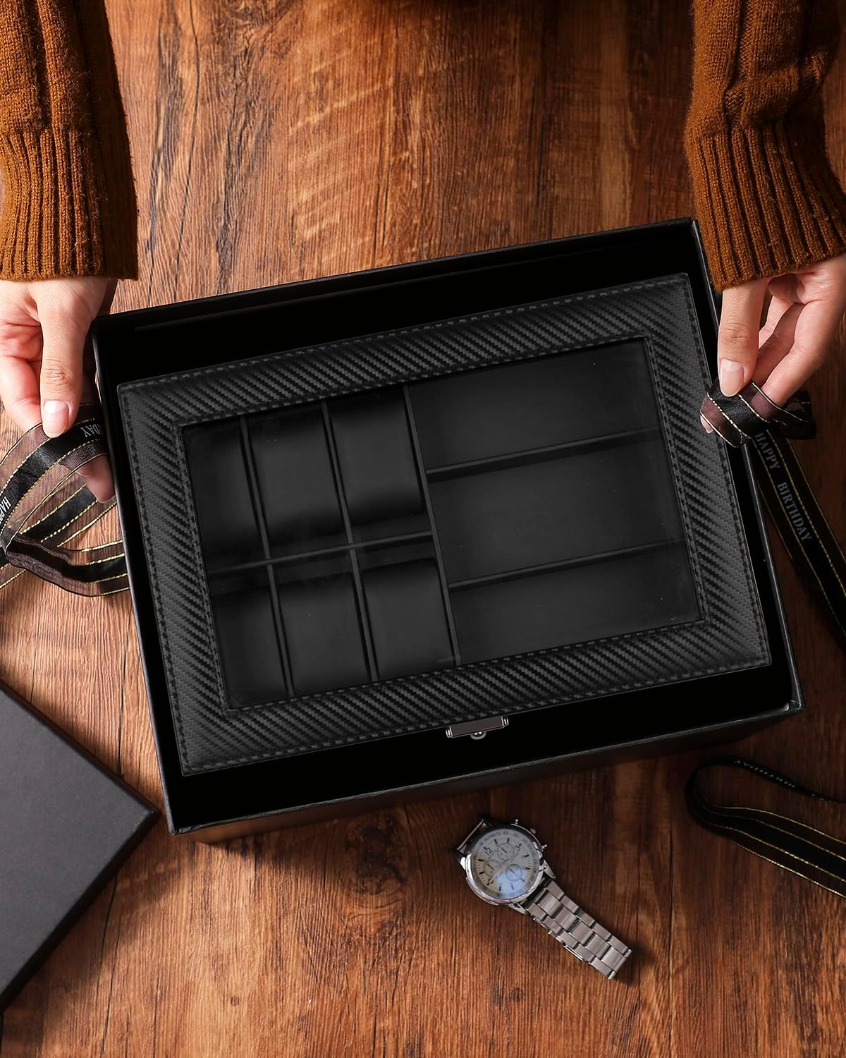 GUKA Watch box, 6 Slot Watch Case, 3 Slot Sunglass Organizer, Watch Cases for men with Real Glass Lid, Watch Organizer storage with Jewelry Case, Birthday for Men and Women, Black - Image 7