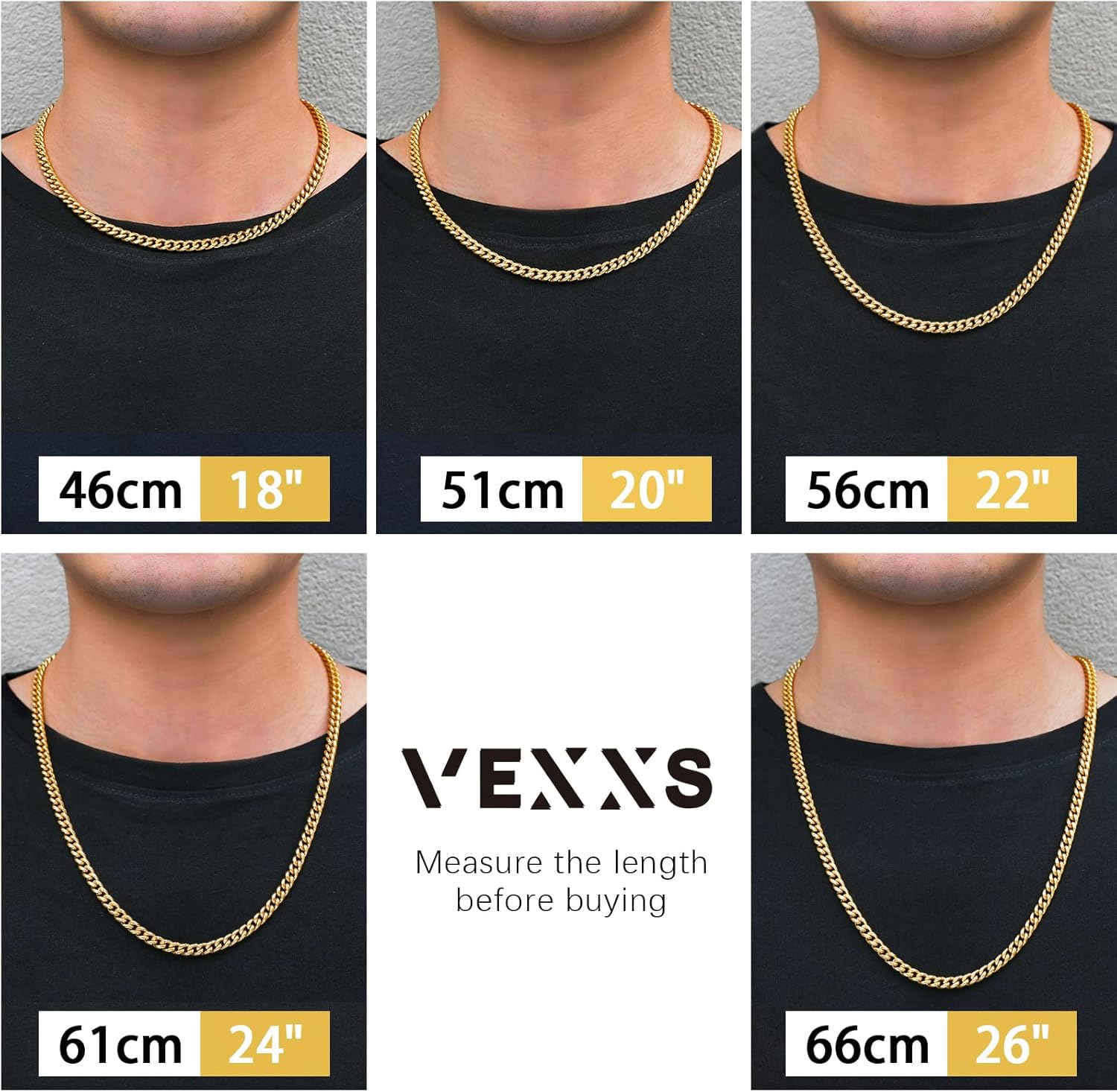 VEXXS Men's Gold Chain Flat Cut,18K Real Gold Plated Cuban Link Chain, Durable No Color Fading Curb Chain 4mm 5mm 6mm Men's Necklace - Image 4