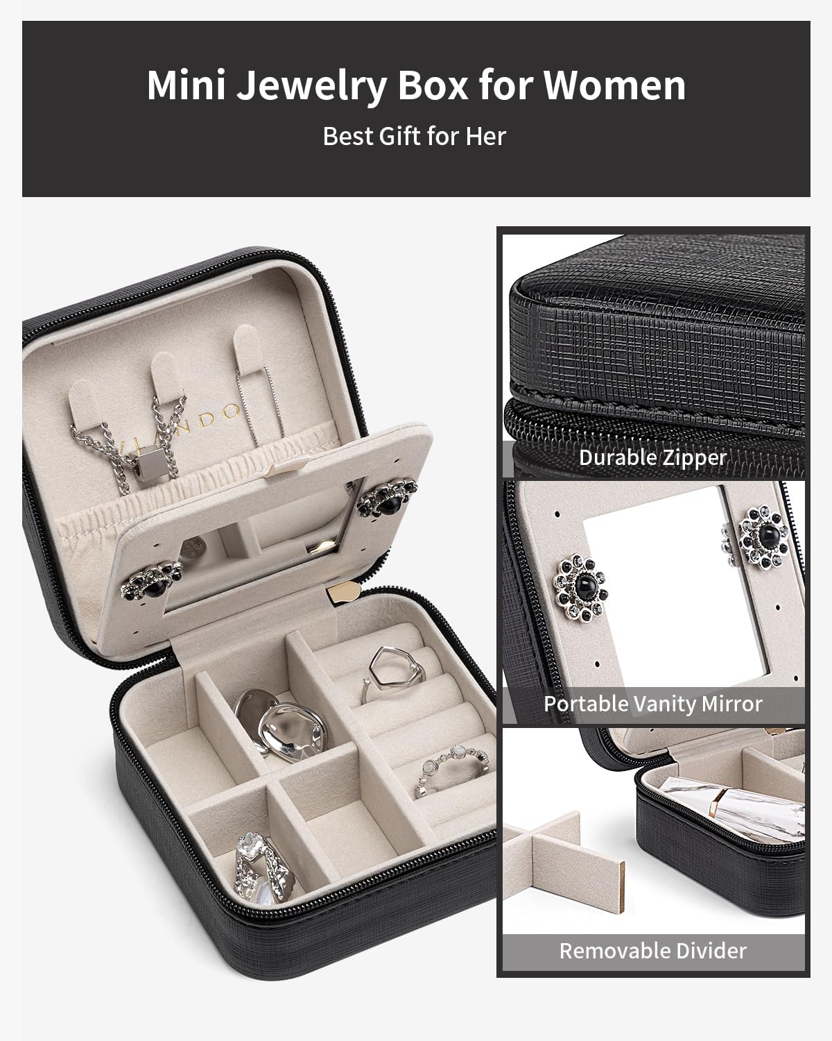 Vlando Travel Jewelry Case With Mirror,Small Portable Jewelry Box,Jewelry Organizer for Rings Earrings Necklaces Display Storage,Gifts for Girls Women,Travel Essentials,Mother's Day Gift,Black - Image 5