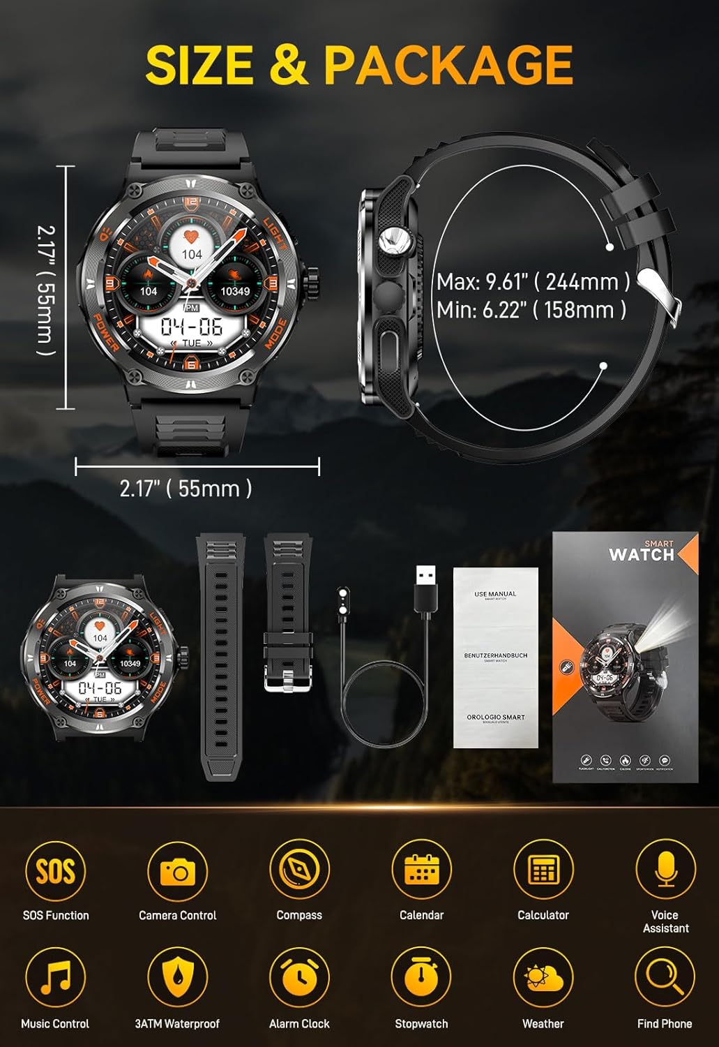 Military Smart Watch for Men with LED Flashlight 500mAh Big Battery Tactical Smart Watch 1.53” Big Screen Rugged Smartwatch 3ATM Waterproof Fitness Tracker with Health Monitor for iPhone Android - Image 9