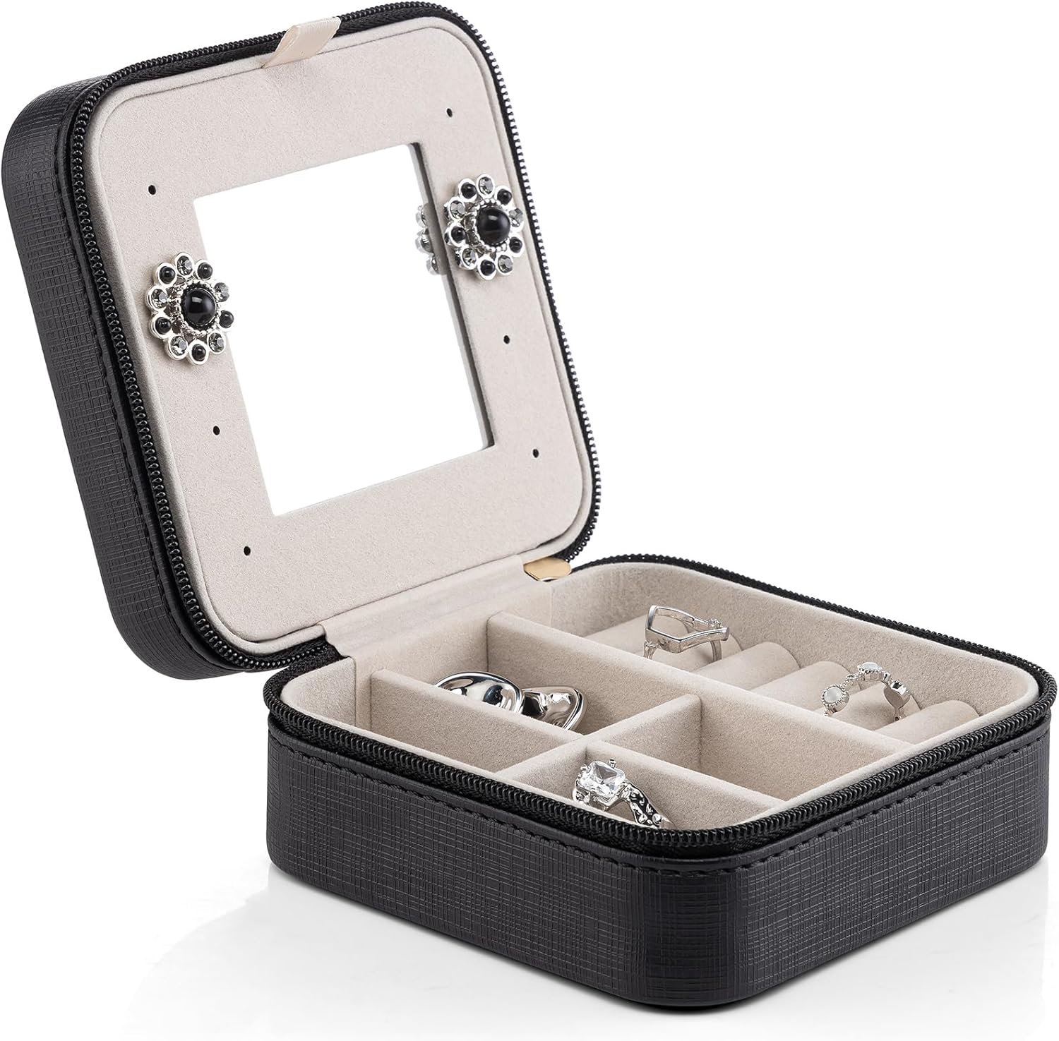Vlando Travel Jewelry Case With Mirror,Small Portable Jewelry Box,Jewelry Organizer for Rings Earrings Necklaces Display Storage,Gifts for Girls Women,Travel Essentials,Mother's Day Gift,Black - Image 8