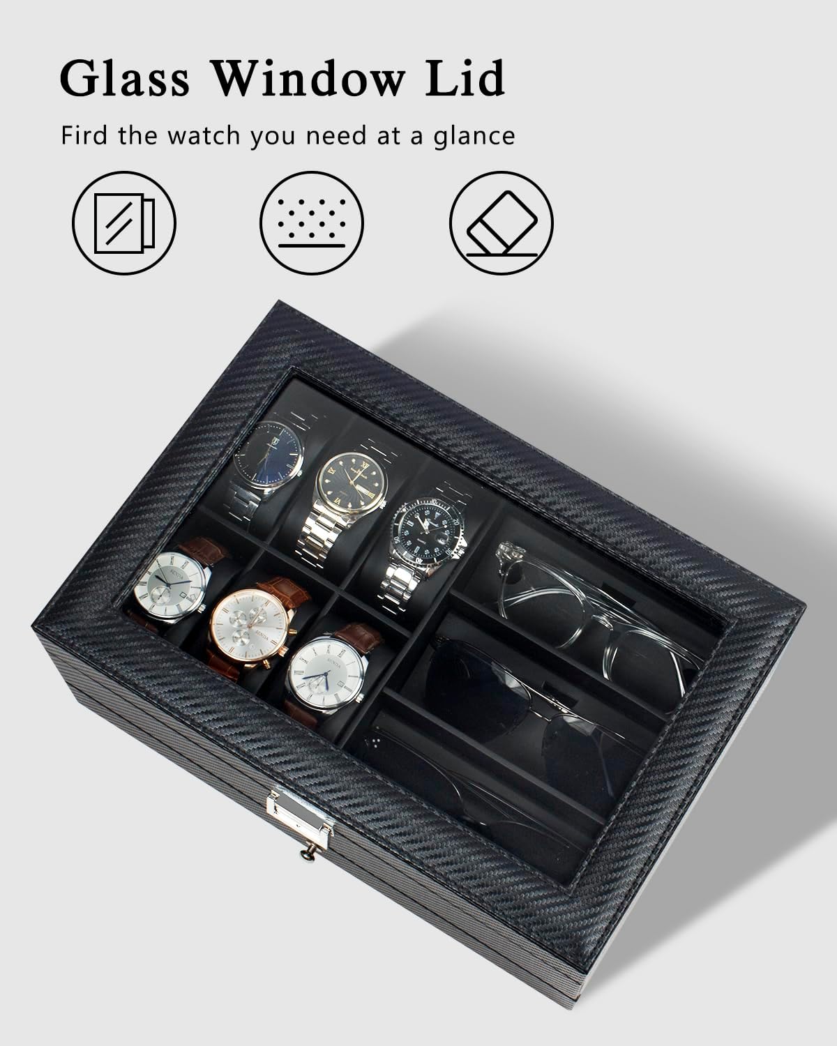 GUKA Watch box, 6 Slot Watch Case, 3 Slot Sunglass Organizer, Watch Cases for men with Real Glass Lid, Watch Organizer storage with Jewelry Case, Birthday for Men and Women, Black - Image 4