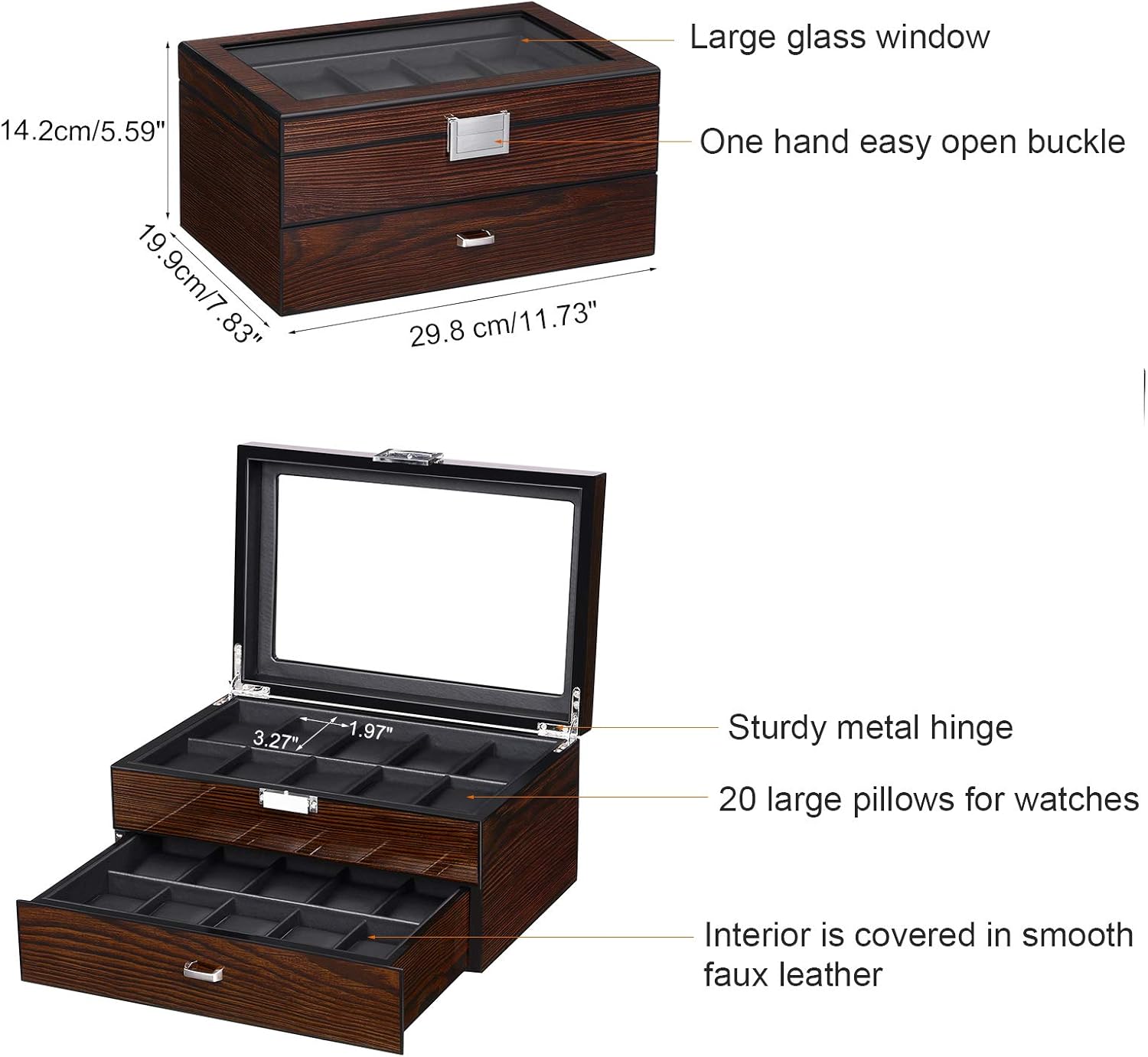 BEWISHOME Watch Box, 20 Slots Watch Case for Men - Luxury Watch Organizer with Glass Top,Smooth Faux Leather Interior, Brown SSH04Y - Image 6