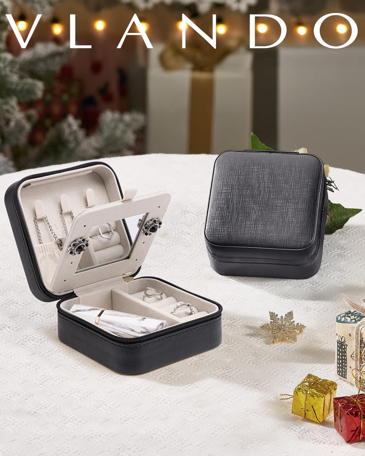Vlando Travel Jewelry Case With Mirror,Small Portable Jewelry Box,Jewelry Organizer for Rings Earrings Necklaces Display Storage,Gifts for Girls Women,Travel Essentials,Mother's Day Gift,Black - Image 2