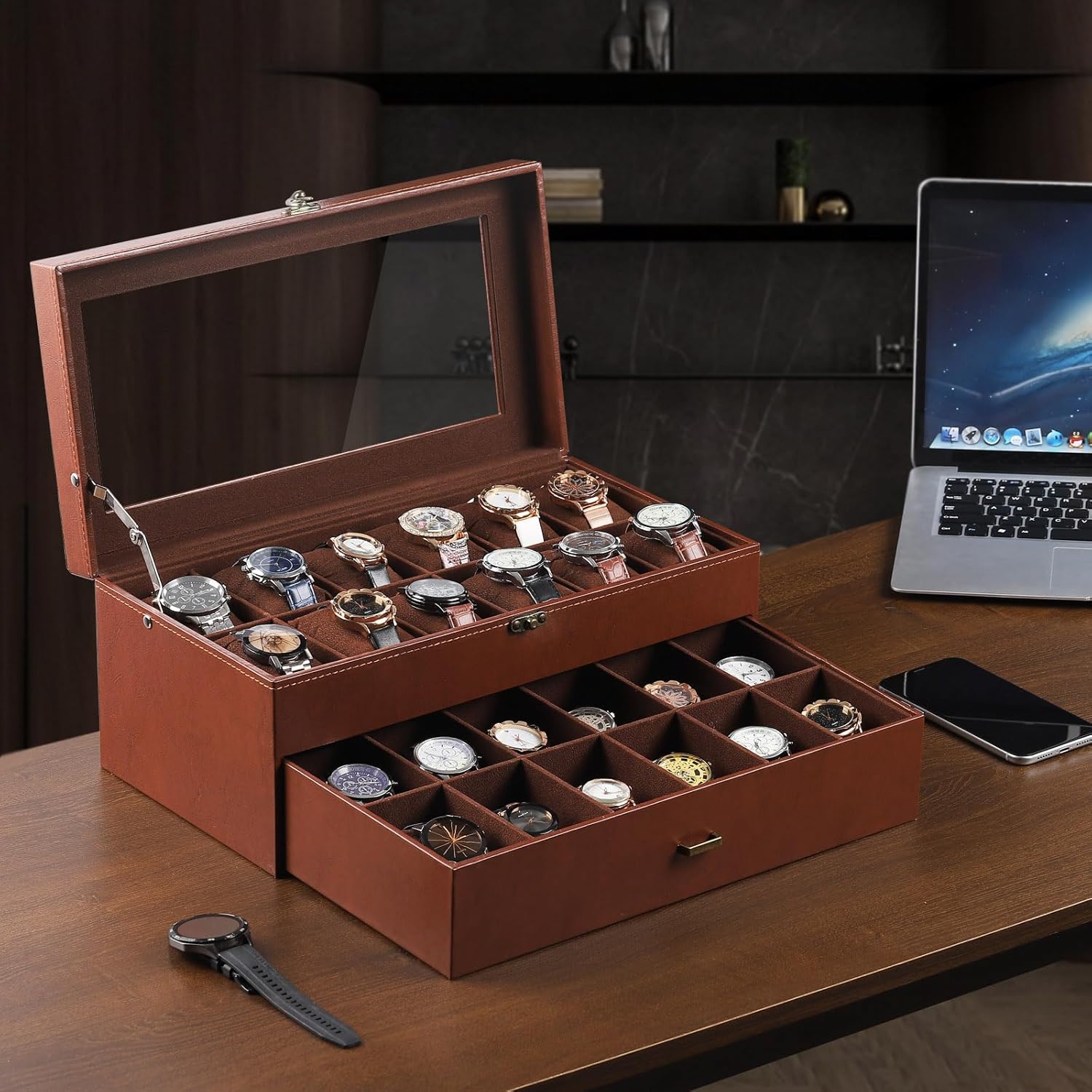 AUTOARK Leather & Velvet 24 Watch Box Glass Top Jewelry Display Drawer Lockable Case Organizer,Removable Watch Pillows,Coffee,MKAW033 - Image 6